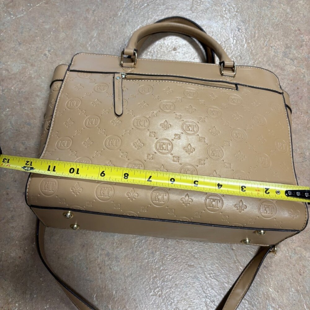 Ellen Tracy Monogram Signature Collection Double Handle Satchel Tan Faux Leather - Picture 13 of 16